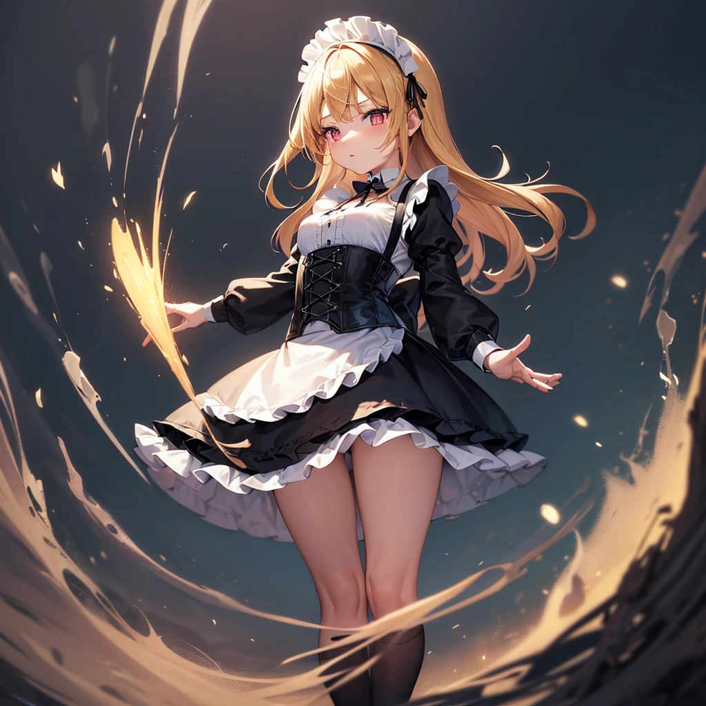 ((Maid)),((白いMaid服)),Corset,Cute little ,Tiny ,Small girl,,Childish face, Very fine clean face,Top quality, Big eyes,Straight Hair,Yellow hair,Crimson Eye,(Dark Room), Subtle light, Natural breeze,Soft lighting,Light from directly behind, (Are standing), Cute pose, (Open your hands), Showing the whole body,Front view,Black background