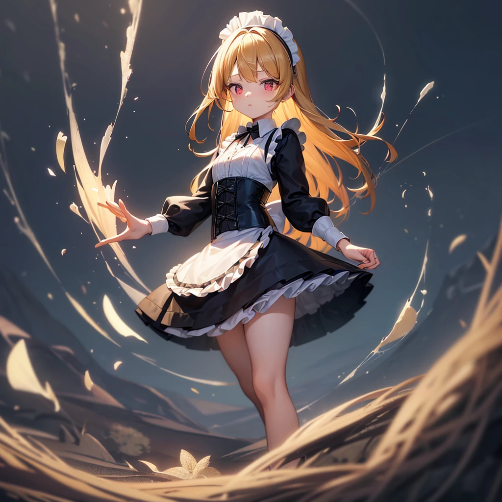((Maid)),((白いMaid服)),Corset,Cute little ,Tiny ,Small girl,,Childish face, Very fine clean face,Top quality, Big eyes,Straight Hair,Yellow hair,Crimson Eye,(Dark Room), Subtle light, Natural breeze,Soft lighting,Light from directly behind, (Are standing), Cute pose, (Open your hands), Showing the whole body,Front view,Black background