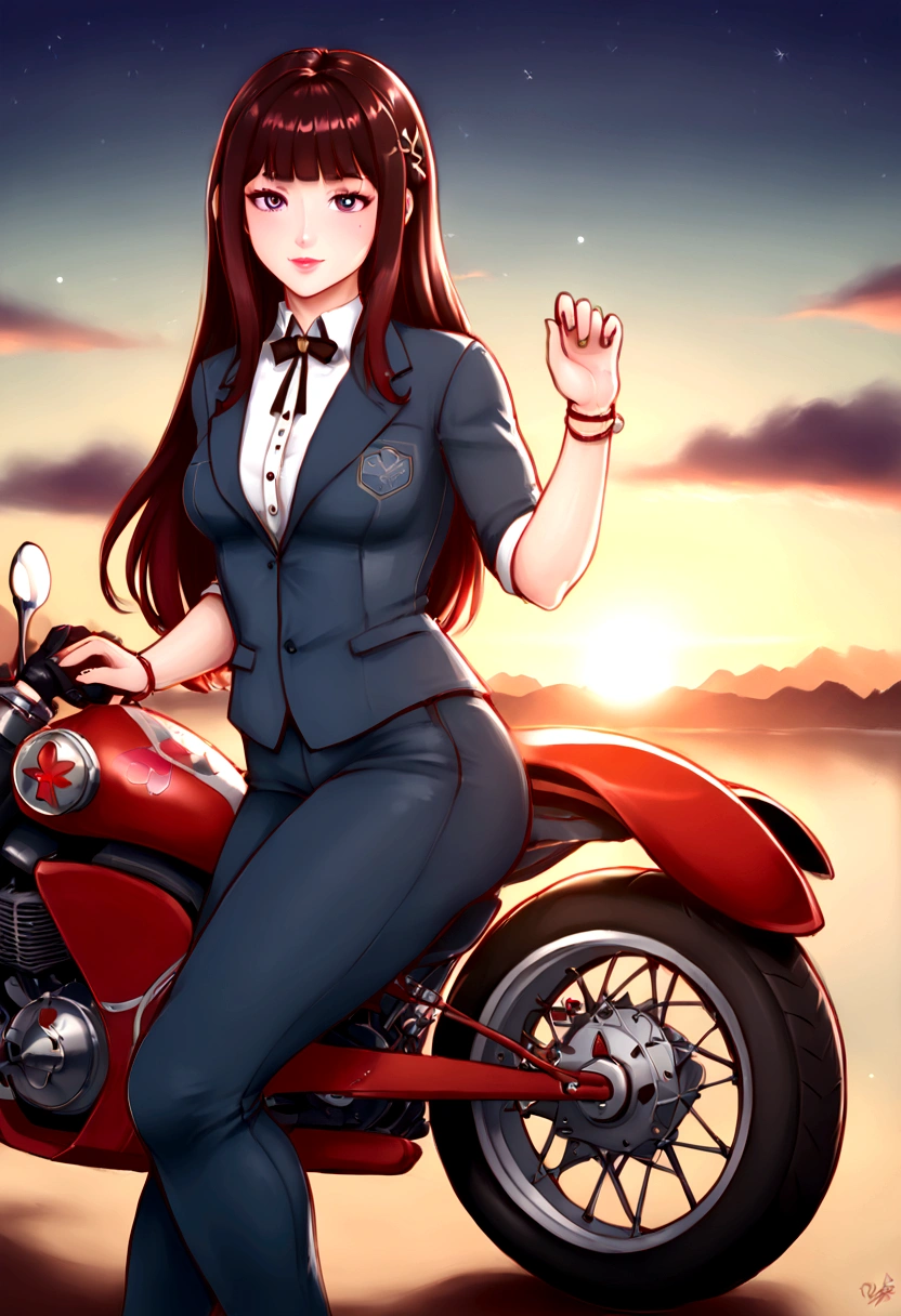 a beautiful young woman with an elegant mask on her head, wearing a choker, single glove, bracelet, and thigh strap, riding a high-performance Yamaha sportbike with a full fairing, sparkling in the dynamic scene, (best quality,4k,8k,highres,masterpiece:1.2),ultra-detailed,(realistic,photorealistic,photo-realistic:1.37),HDR,UHD,studio lighting,ultra-fine painting,sharp focus,physically-based rendering,extreme detail description,professional,vivid colors,bokeh,digital painting,intricate details,cinematic lighting,dramatic pose,dynamic motion blur,highly detailed motorcycle