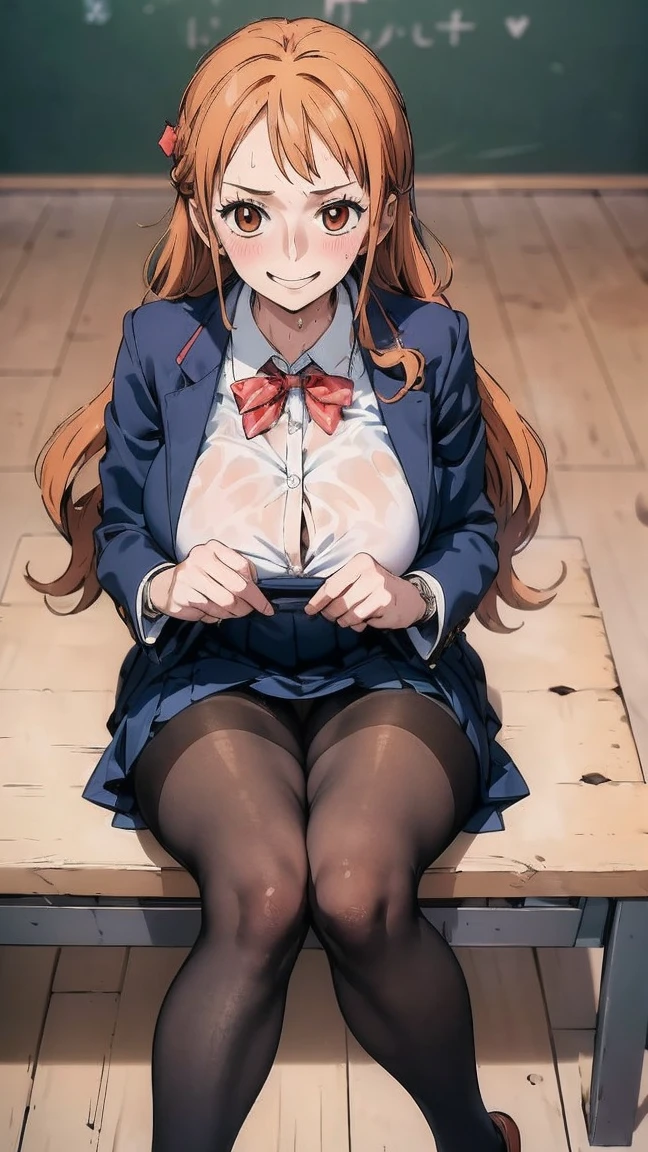((masterpiece)), ((Highest quality)), ((Very detailed)), One girl, Long Hair, classroom, Feet Focus, Sit on a chair, Big Breasts, plump, blazer, skirt, pantyhose, panties under pantyhose, Wicked Smile, Looking at the audience, From below, (Point your feet to the viewer:1.2), Steaming body, Sweat, (Sweaty feet:1.2), Lift your legs