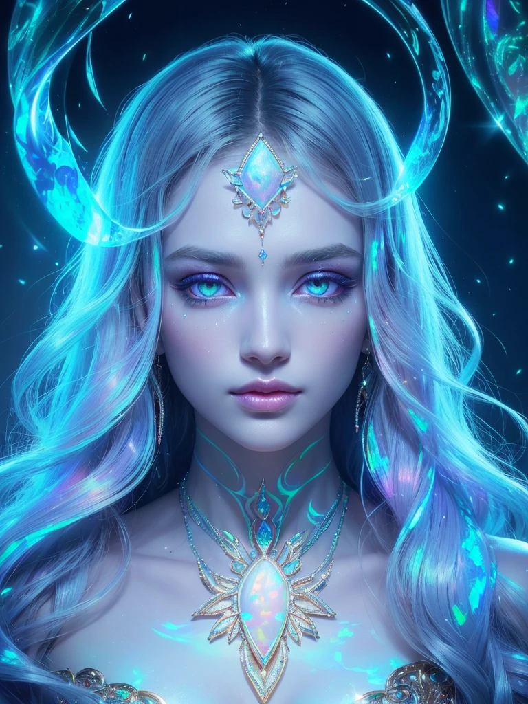 (A beautiful woman with iridescent opal skin, intricate detailed eyes, full lips, delicate facial features, long flowing hair, surrounded by a magical glowing aura, ethereal and otherworldly, highly detailed, cinematic lighting, dramatic lighting, fantasy, digital art, vibrant colors, jewel-toned, luminous, shimmering, glowing, mesmerizing, captivating)