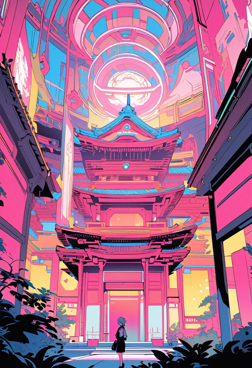 (masterpiece, best quality:1.1),
popart style,flat color,A girl visiting a temple futuristic Japanese temple made with advanced technology. The temple blends traditional Japanese architectural elements like curved rooftops and wooden beams with modern materials such as glass, metal, and holographic displays. Surrounding the temple are lush gardens with floating lanterns and robotic caretakers. The temple is illuminated with neon lights and features advanced security systems and interactive digital screens for visitors. The setting is serene, with a balance of nature and high-tech elements.