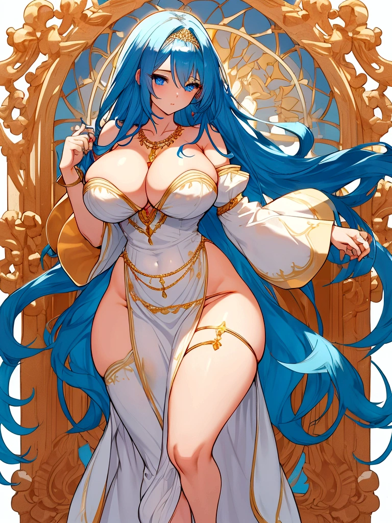 Huge straight blue hair with blue eyes.rather voluptuous with a large bust and shapely hips.wears a dainty necklace, a white dress and is barefoot.wears gold arm bands and has a reddish-orange smock wrapped below her hips