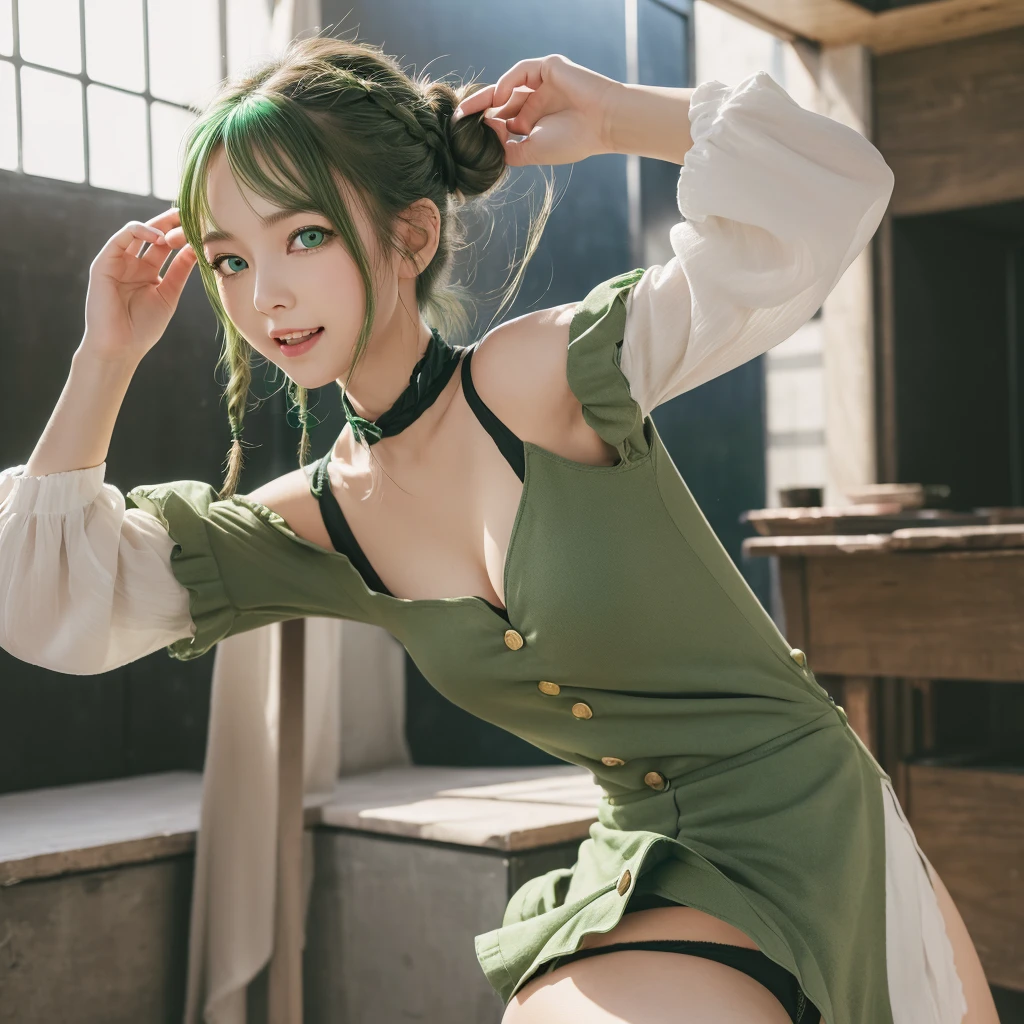 Fugonero, black, Ahoge, Blonde, (Green Eyes:1.5), Hair between the eyes, Hair Intake, Blakebow、Grouping、Braided bun、button、disconnected、Cleavage cutout、Clothing cutouts、dress、epaulet、French braiding、Gold border、Hair Bun、Juliet Sleeve、Long sleeve、Puffy sleeves、Red Bow、赤いdress、Side Lock、Single hair bun、break looking at viewer, break (Tabletop:1.2), Highest quality, High resolution, unity 8k wallpaper, (figure:0.8), (Beautiful attention to detail:1.6), Highly detailed face, Perfect lighting, Highly detailed CG, (Perfect hands, Perfect Anatomy),In front of Westtown、Naughty big、Big ample breasts、(Skirt flip:1.3), (blackいTバック:1.3)、(Roll-up skirt:1.3)、(Full-fledged panties:1.5)、outside of home、blue sky、Laughing with your mouth open、Throat and face
