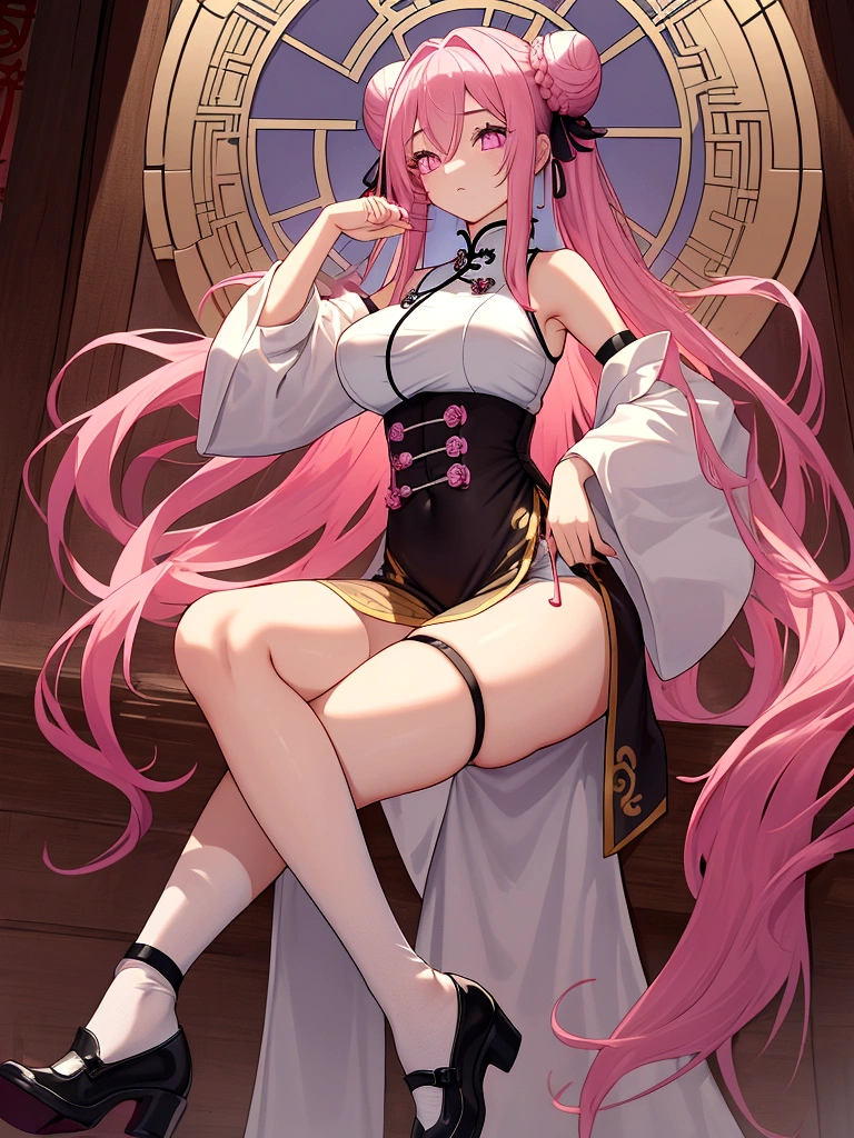 Huge chinese martial artist girl.long pink hair in hime-cut style, which she ties in Chinese-style twin-buns using black ribbons. Her eyes are a shade of pink-purple.fair-complexion and has a hourglass figure with moderate bust-size. sleeveless-strapless white cheongsam with short-pants like bottom with split-sides that reaches high-thigh length. thigh-high white socks on her right-leg held by a white strap, while a short white shocks on her left-leg, with black cloth shoes tied around her ankle