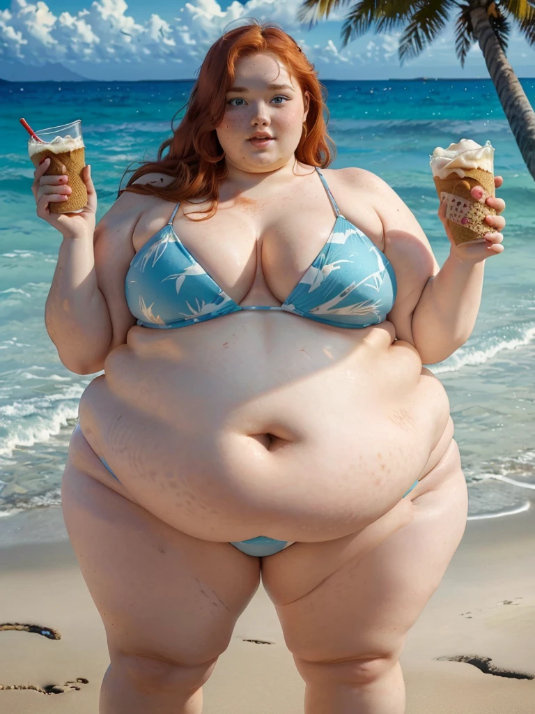 A beautiful tropical beach photo of a young beautiful redhead ssbbw with long wavy ginger hair soft fat belly, very wide fat obese hips, thick fat wide legs and fat arms, cute pretty face, small breasts, blue eyes, freckles, in a bikini, holding a huge pint of Ice Cream, on a beautiful beach