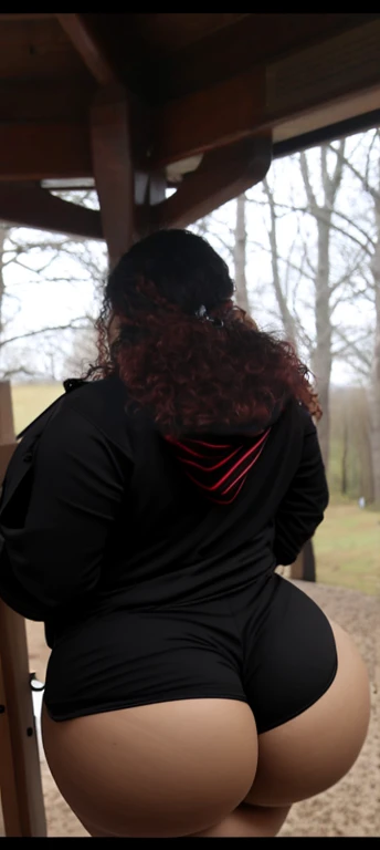 there are two people standing under a shelter talking to each other, photo still of behind view, shot from the back, view from the back, seen from the back, back of the hair, from the back, wearing a black hoodie, with curly red hair, facing away from camera, long dark curly hair, over the shoulder view, in a black hoodie, beautiful girl, big ass, huge ass, bbw, from behind, thick, thick thighs, wide hips, bbw, big , sideboob, giant ass, back view, big butt, round butt, tight underwear, underwear halfway off, underwear taking off, grabbing ass, ass spilling over underwear, too thick for clothes, looking left, leftwards, latina, from behind, tall girl