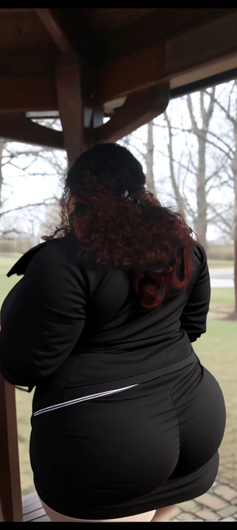 there are two people standing under a shelter talking to each other, photo still of behind view, shot from the back, view from the back, seen from the back, back of the hair, from the back, wearing a black hoodie, with curly red hair, facing away from camera, long dark curly hair, over the shoulder view, in a black hoodie, beautiful girl, big ass, huge ass, bbw, from behind, thick, thick thighs, wide hips, bbw, big , sideboob, giant ass, back view, big butt, round butt, tight underwear, underwear halfway off, underwear taking off, grabbing ass, ass spilling over underwear, too thick for clothes, looking left, leftwards, latina, from behind, tall girl