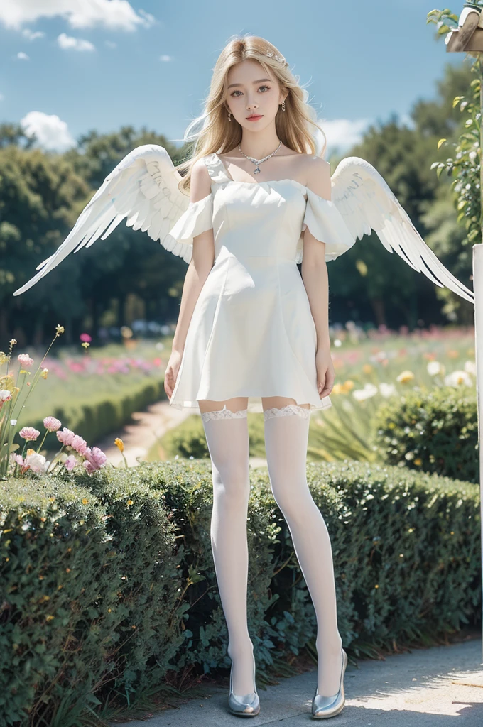(((best quality))), (((ultra detailed))), (((masterpiece))), illustration,((1 beautiful little girl,solo,angel)),((fair skin,shoulder length straight blonde hair,blue eyes)),(earrings,crystal necklace),((slim,thin,small breasts,flat chest)),joyful expression,(white wings:1.3),(flowing short-sleeved white sheer dress:1.3),((In heaven, garden setting)), vibrant flowers,(colorful flowers:1.3),lush grass, gentle breeze, (clear sky, fluffy clouds, shining sun),((from front,standing,full body,arms behind back)),((slender legs,pantyhose,loafers))
