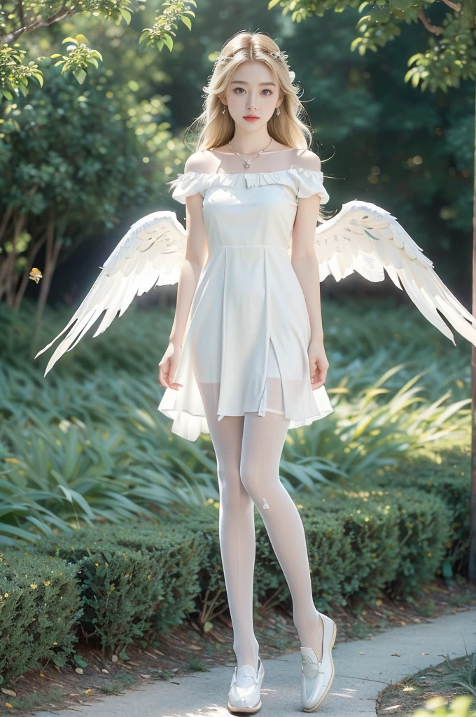 (((best quality))), (((ultra detailed))), (((masterpiece))), illustration,((1 beautiful little girl,solo,angel)),((fair skin,shoulder length straight blonde hair,blue eyes)),(earrings,crystal necklace),((slim,thin,small breasts,flat chest)),joyful expression,(white wings:1.3),(flowing short-sleeved white sheer dress:1.3),((In heaven, garden setting)), vibrant flowers,(colorful flowers:1.3),lush grass, gentle breeze, (clear sky, fluffy clouds, shining sun),((from front,standing,full body,arms behind back)),((slender legs,pantyhose,loafers))