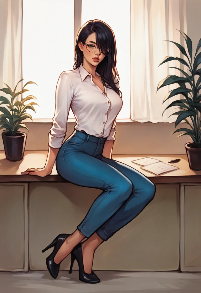 score_9, score_8_up, score_7_up, score_6_up, detailed art of a woman, pale, smooth skin, hair over eyes, long straight black hair, full lips, slender physique, white office shirt, glasses, blue pants, black heels,
