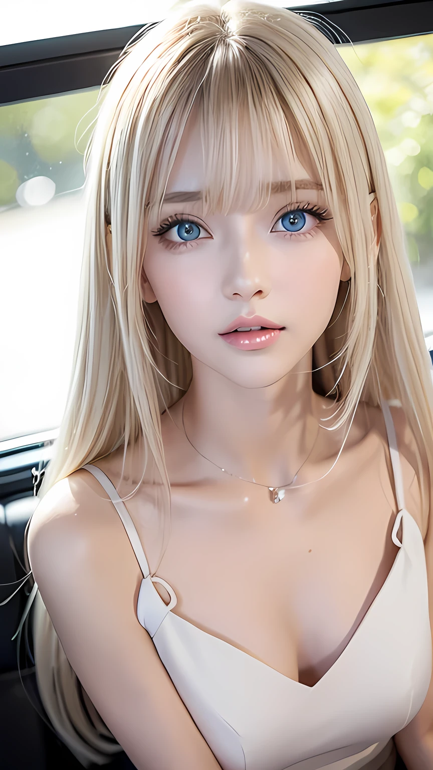 Portrait、、Bright expression、Young, lustrous, glowing, white skin、The best beauty、Blonde reflection、Platinum blonde hair with gorgeous highlights、Shiny and shiny hair、Super long silky straight hair、Shiny beautiful bangs、Big, bright, light blue eyes that shine beautifully、Very big eyes、Very beautiful nice cute 15 year old beautiful girl、Ample Bust、The skin is delicate,Head up,Giant Mouth,look at me,((full throat),((breathe)),(Throat),Sweat,Interrupt),the dress is dripping,super low neck dress,No underwear,Pantyless,Water spray、bangs over eyes、片bangs over eyes、Bangs between the eyes、Small Face Beauty、Cheek gloss highlighter、Small Face Beauty、Round face