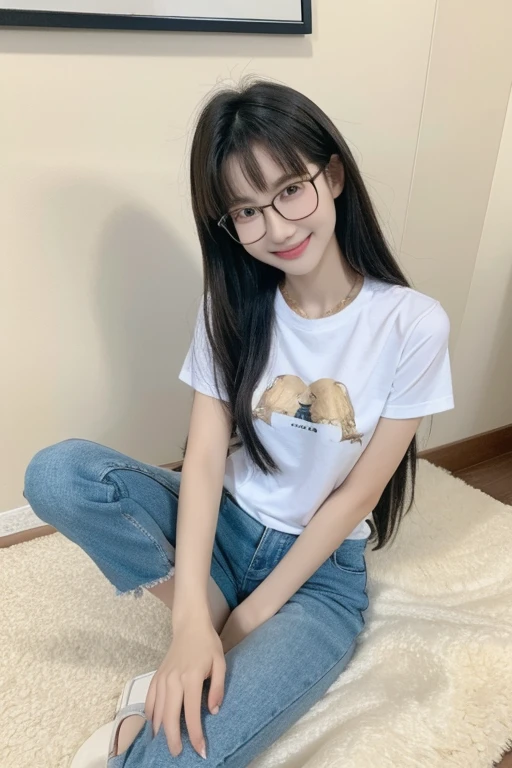 Highest quality、masterpiece、High sensitivity、High resolution、Detailed Description、Slender women、Slim Body、Glasses、smile、Pichi PichiTshirt、Sitting on the floor、