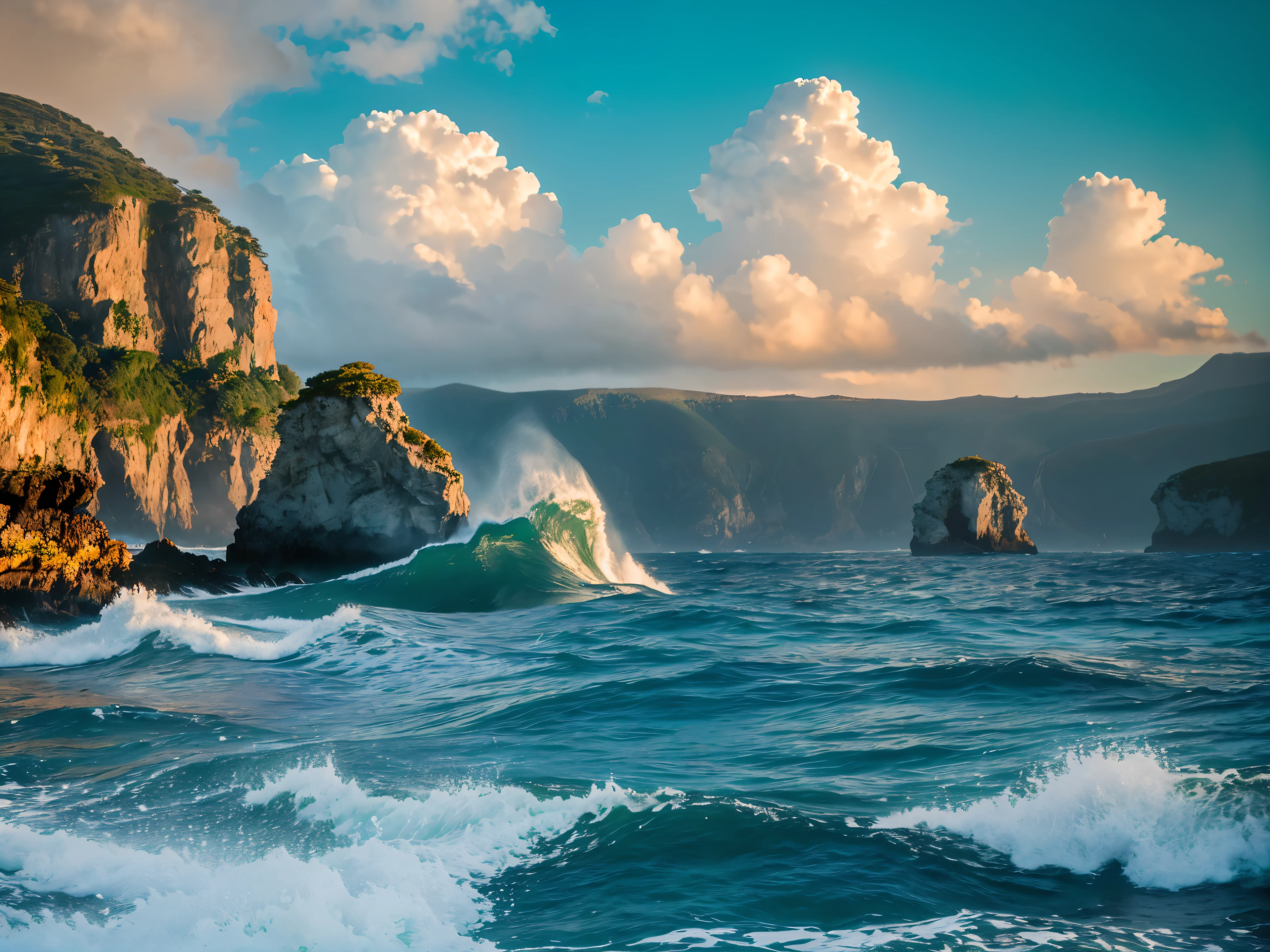 a serene ocean landscape, large crashing waves, dramatic sky with clouds, sunlight glimmering on the water, rocky cliffs, lush greenery on the coastline, (best quality,4k,8k,highres,masterpiece:1.2),ultra-detailed,(realistic,photorealistic,photo-realistic:1.37),cinematic lighting,dramatic,epic,awe-inspiring