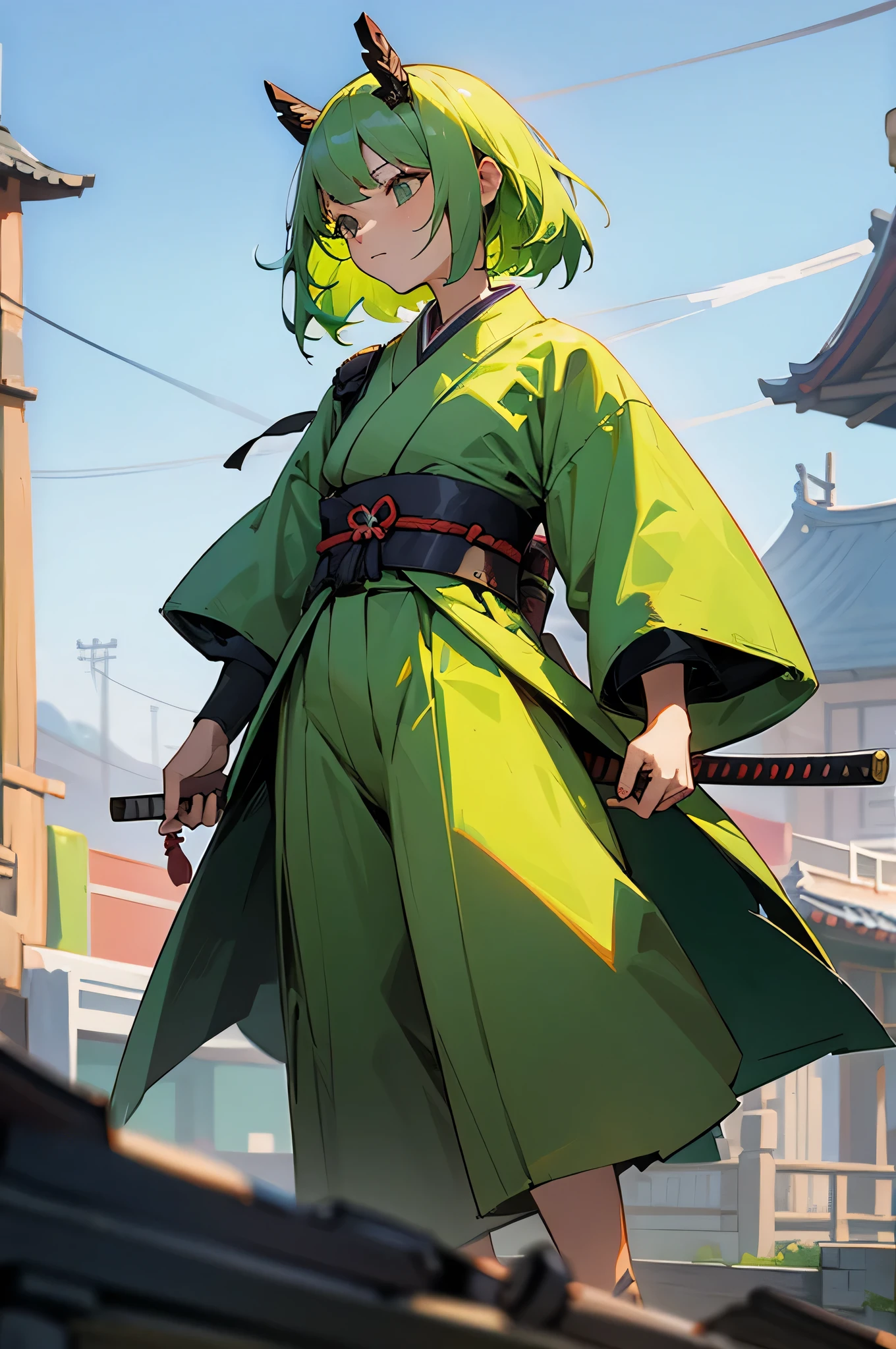  ,Female, samurai Clothing, Standing pose, Town background, Green hair