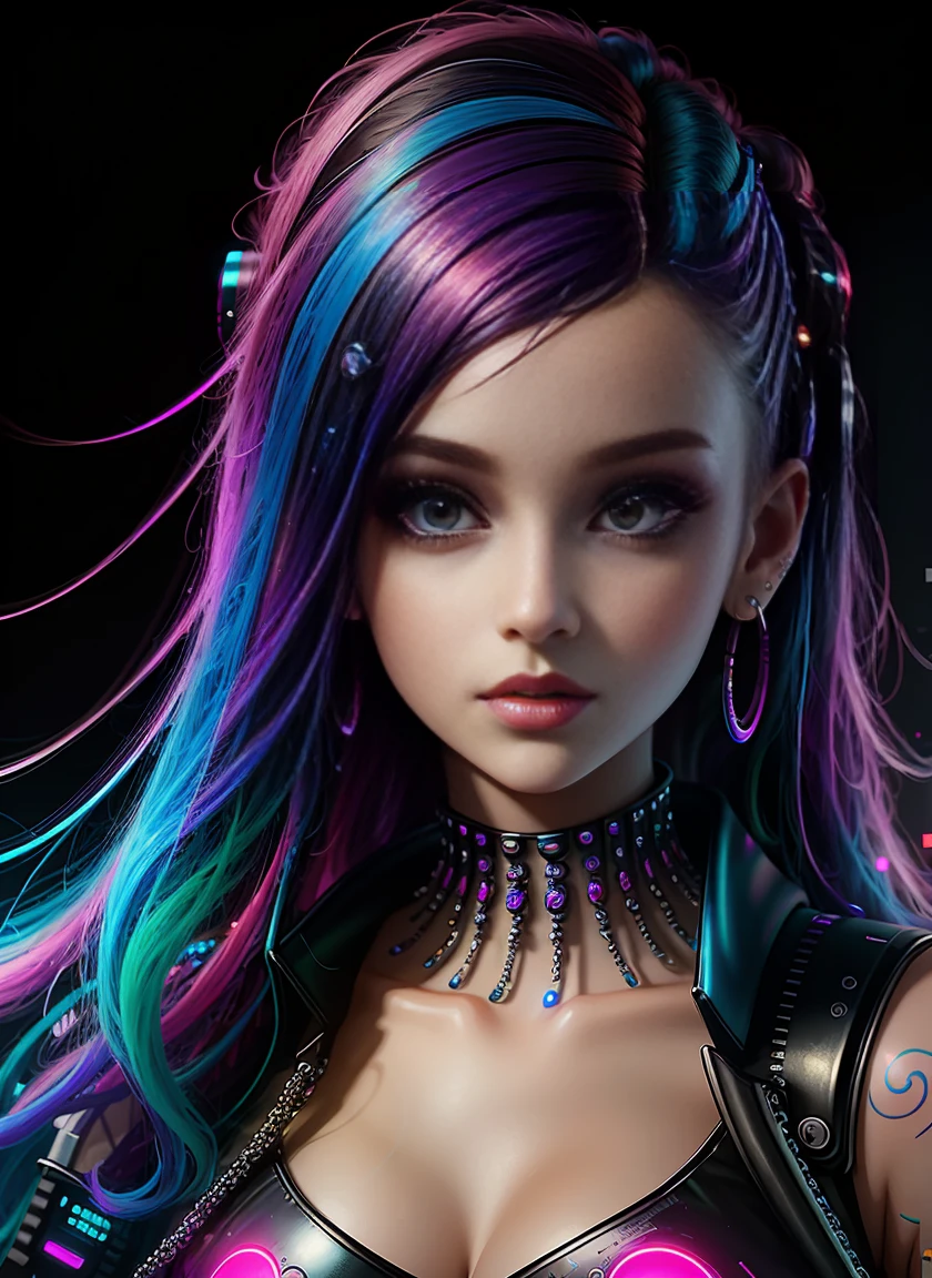 ((best quality)), ((​masterpiece)), ((realisti)), (Detailed), (1 girl) Full body woman with colorful hair and piercings, Dreamy Cyberpunk Girl, Digital art in 4K with high detail, stunning digital illustration, Stunning 8K graphics, colorful digital fantasy art, colorful and dark, beautiful digital artwork, Colorful digital painting, cyberpunk digital anime art, Girl with glowing wave, Digital wallpaper art in 8K HD, beautiful digital painting