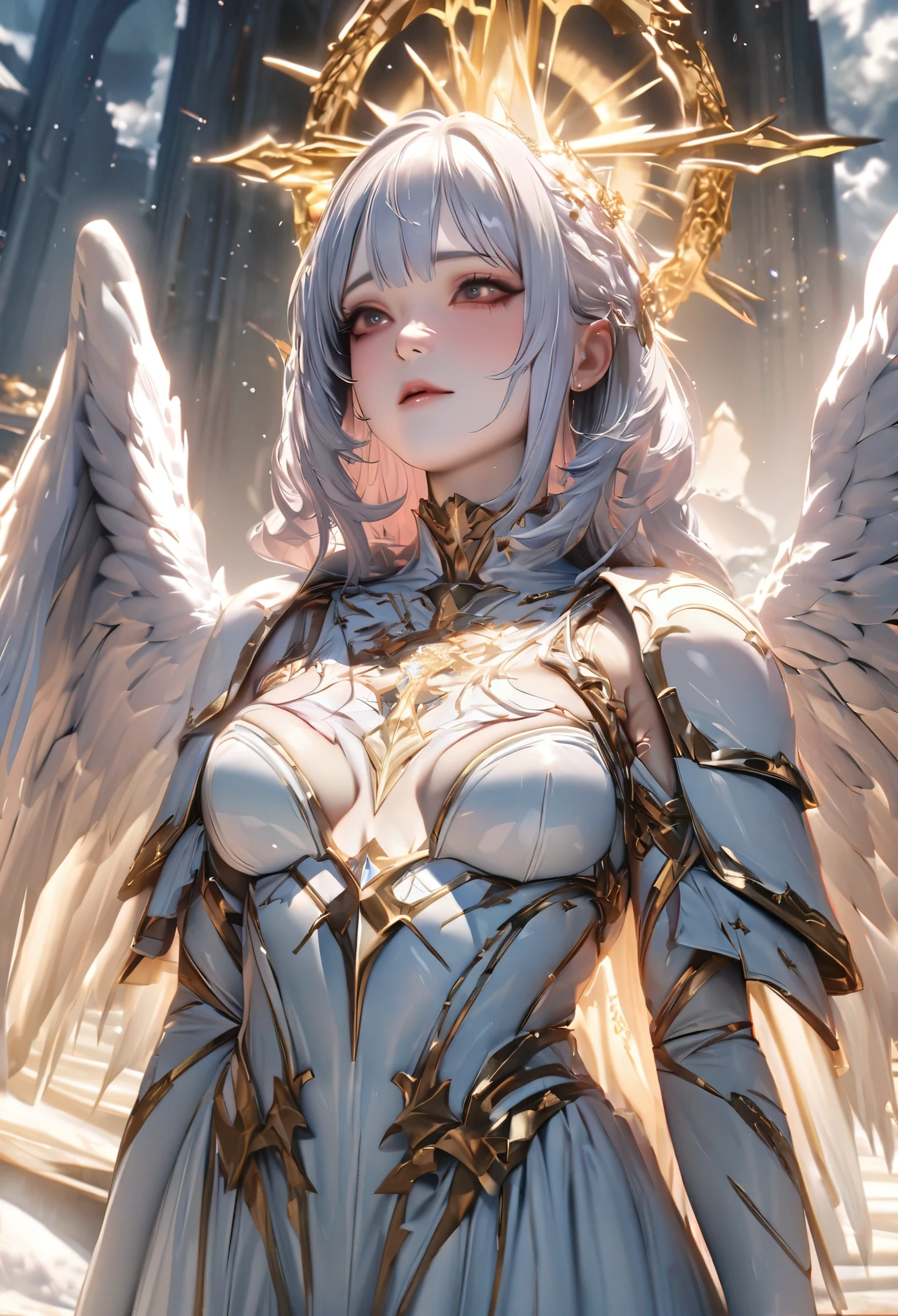 An angel in white robe and armor, There are three pairs of snow-white wings on its back, Holy Light, Heaven, Clouds, Divine atmosphere, UHD, textured skin, masterpiece, highres, anatomically correct, 16k, 1080P