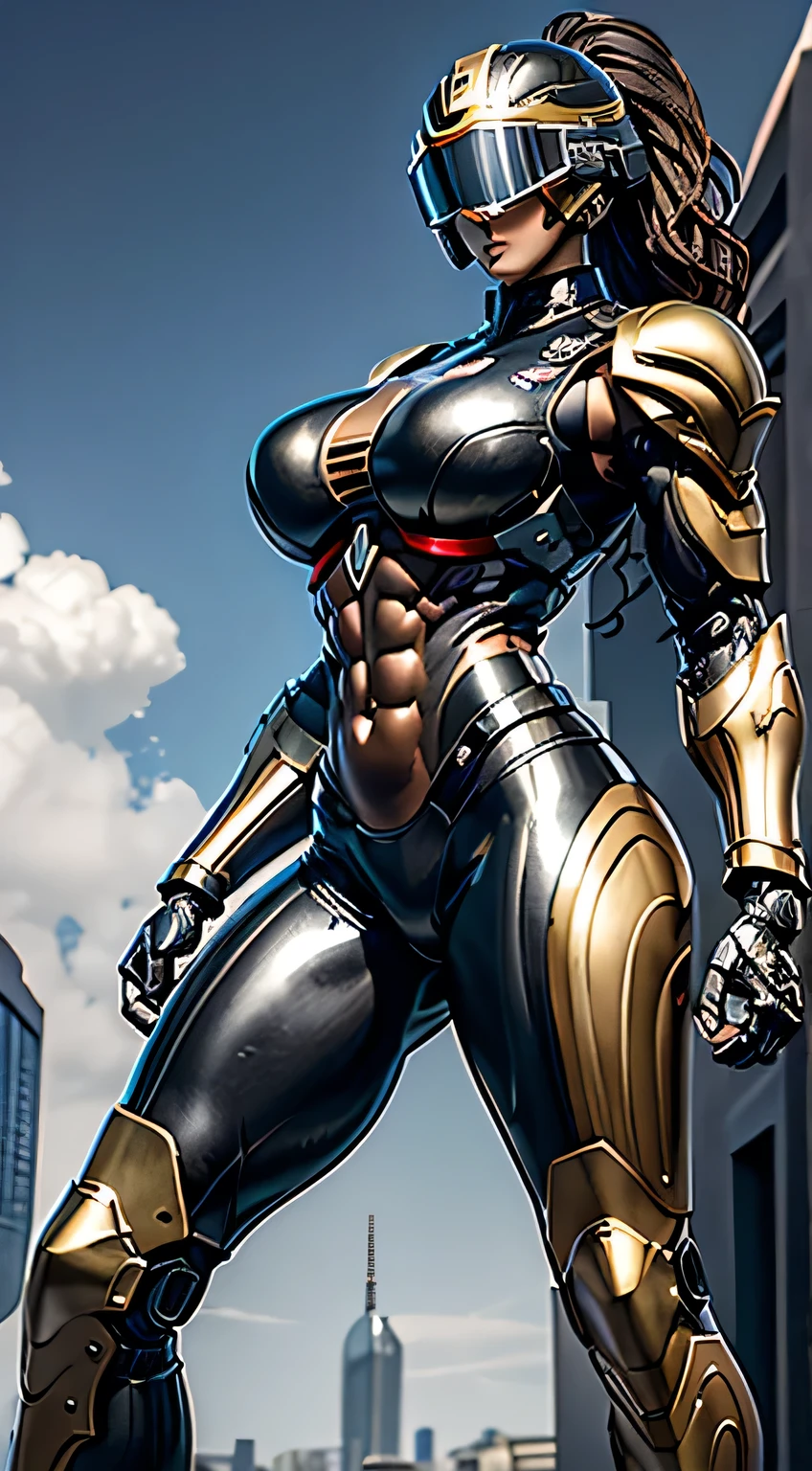 Female Robocop Solo、Bright outdoors、strong light source、8K, high quality, masterpiece, 最high quality, Crisp contrast、Very detailed、Full body armor、Very large armor、Helmet covering the head、Clear photos、His eyes are hidden by thin straight goggles:1.3、The lower half of the face is raw々Shii:1.5、The lower half of the face is exposed、Seductive lips、Rainbow and black metallic armor、Armor that completely covers the chest、Long, slender legs、Vibrant Posselo Body View,Big and ample breasts:1.5, (Sports Body:1.5)、Five Fingers、Hold a handgun、In the city