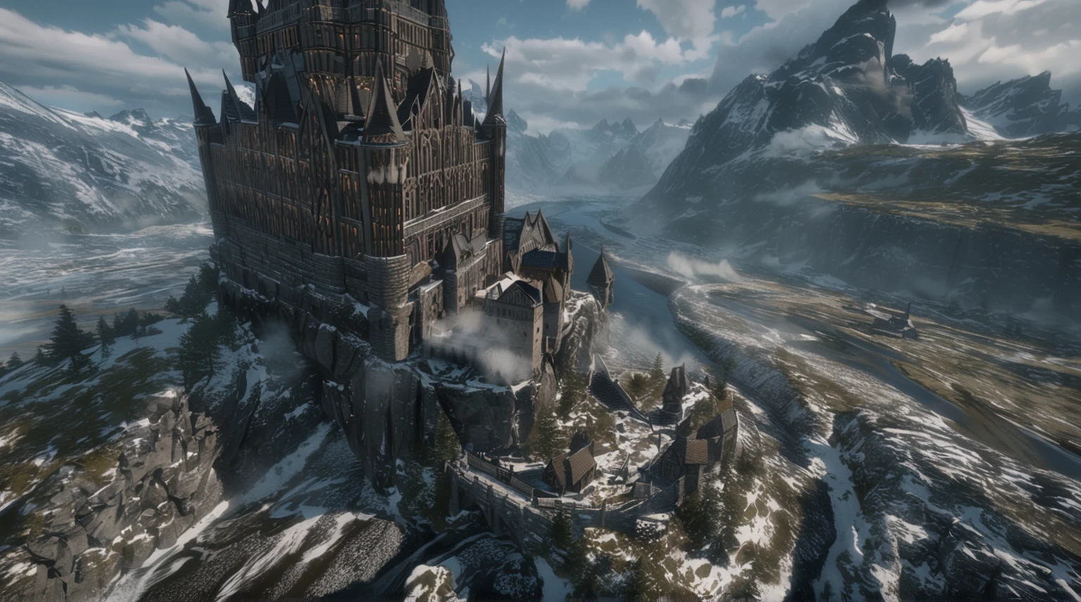  anime aetetics, big wooden nordic castle, a little fog, northen architecture, vikings architecture, day time, epic structure, histiorical monument, river on the background, foot of the mountain on the background, northern lanscape, tundra, whiterun city, skyrim inspired, from skyrim, skyrim, wide shot, atmospheric perspective, perspective, 4K, 8k, award winning, super detail, masterpiece, UHD