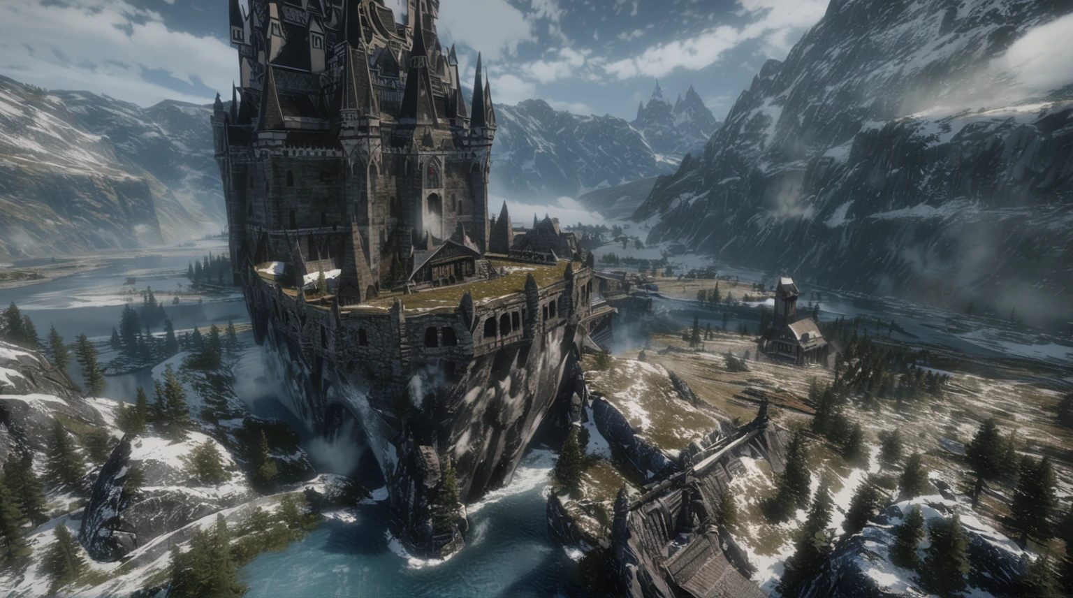  anime aetetics, big wooden nordic castle, a little fog, northen architecture, vikings architecture, day time, epic structure, histiorical monument, river on the background, foot of the mountain on the background, northern lanscape, tundra, whiterun city, skyrim inspired, from skyrim, skyrim, wide shot, atmospheric perspective, perspective, 4K, 8k, award winning, super detail, masterpiece, UHD