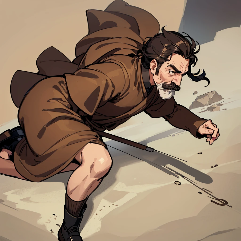 ((((Solo))))、Highest quality, Best Quality,Best illustrationiddle ages、(((Simple brown robe、Black shoes)))、(40-year-old uncle、mature、Kaiser moustache)、(LOL)、fight、(From the side、profile)、Kneel on the ground