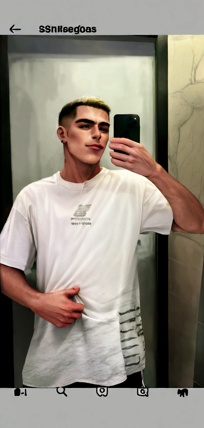 chiseled man taking a selfie in the mirror of a public bathroom, trend in r/urban fashion, nike shirt, Crossbow, wearing a tshirt, taken at the beginning of 2020, selfie of a man, wearing adidas clothes, I agree with you, professional sports style, wearing a tshirt muscular, Mike