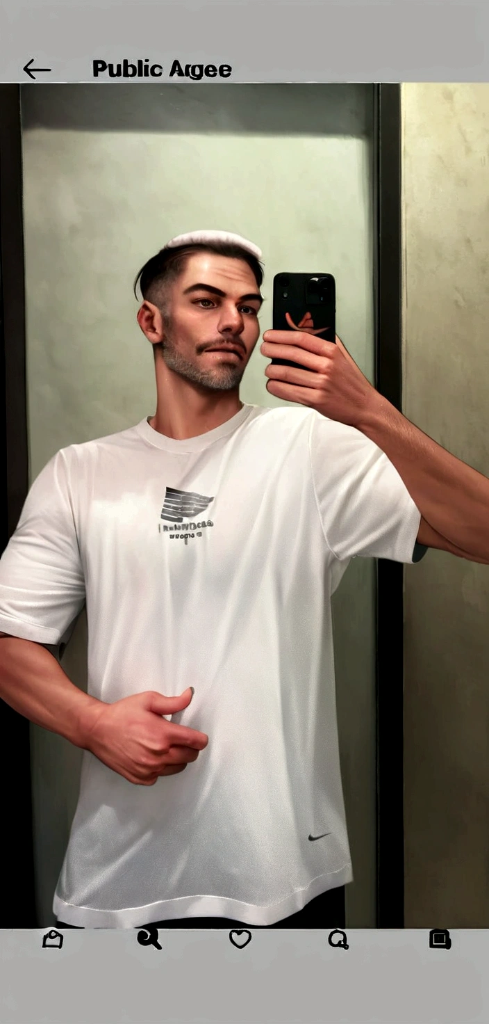 chiseled man taking a selfie in the mirror of a public bathroom, trend in r/urban fashion, nike shirt, Crossbow, wearing a tshirt, taken at the beginning of 2020, selfie of a man, wearing adidas clothes, I agree with you, professional sports style, wearing a tshirt muscular, Mike