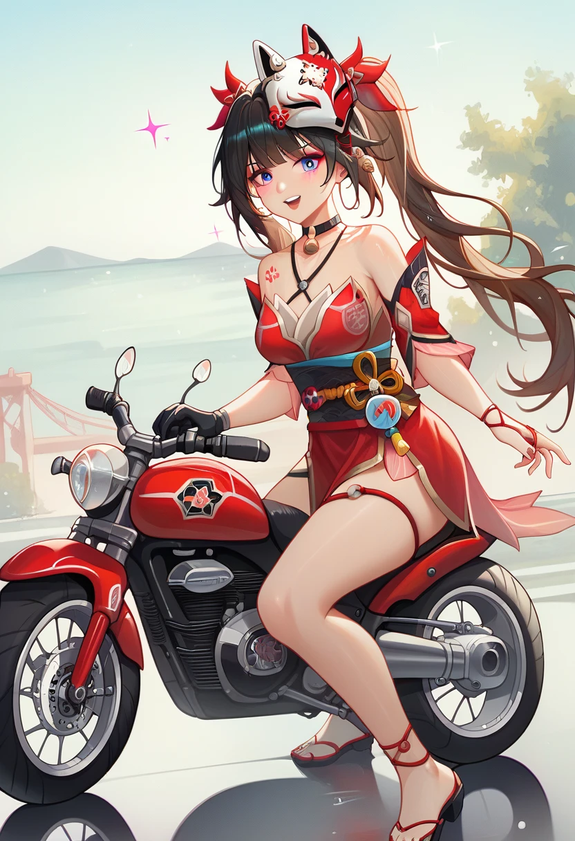 score_9, score_8_up, score_7_up, absurdres, 1girl, sparkle, mask on head, choker, single glove, bracelet, thigh strap, riding superbike, yamaha, sportbike, motorcycle, full fairing bike, Yamaha r15, yamaha r25, yamaha r1