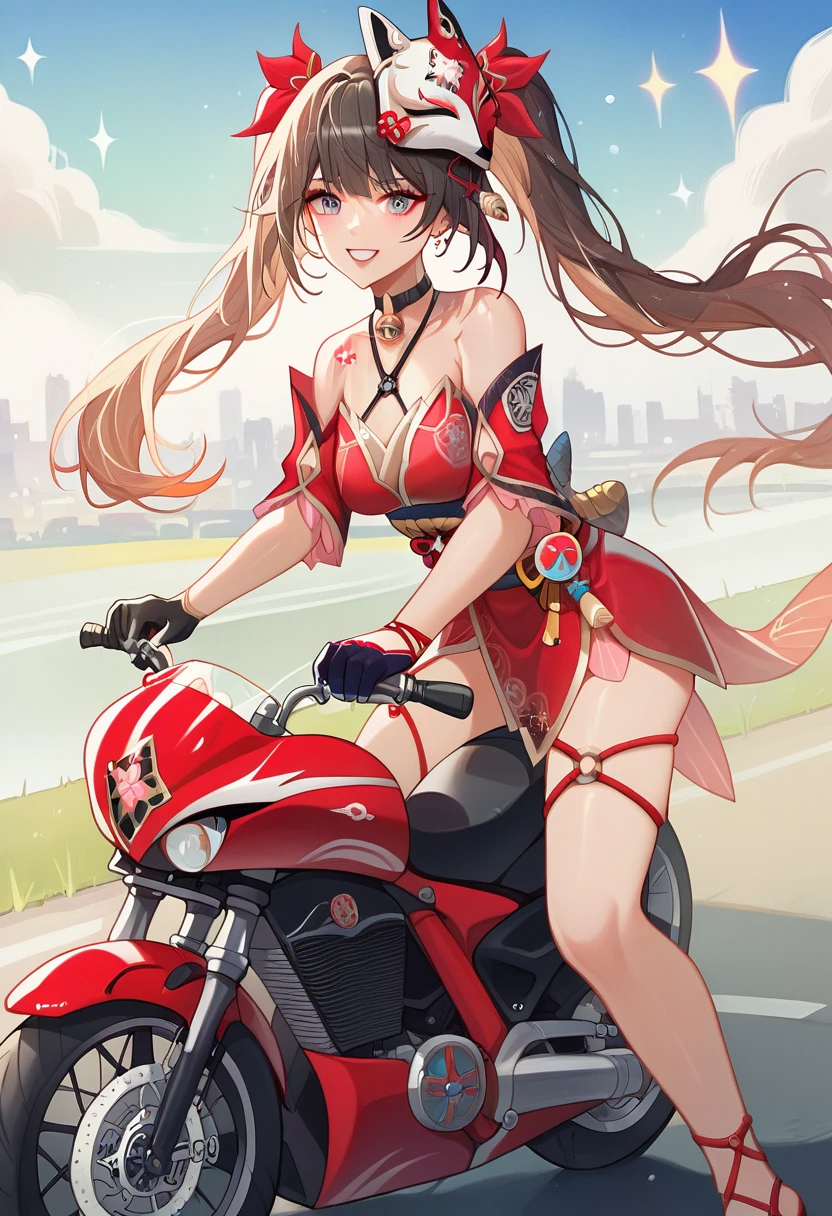 score_9, score_8_up, score_7_up, absurdres, 1girl, sparkle, mask on head, choker, single glove, bracelet, thigh strap, riding superbike, yamaha, sportbike, motorcycle, full fairing bike, Yamaha r15, yamaha r25, yamaha r1