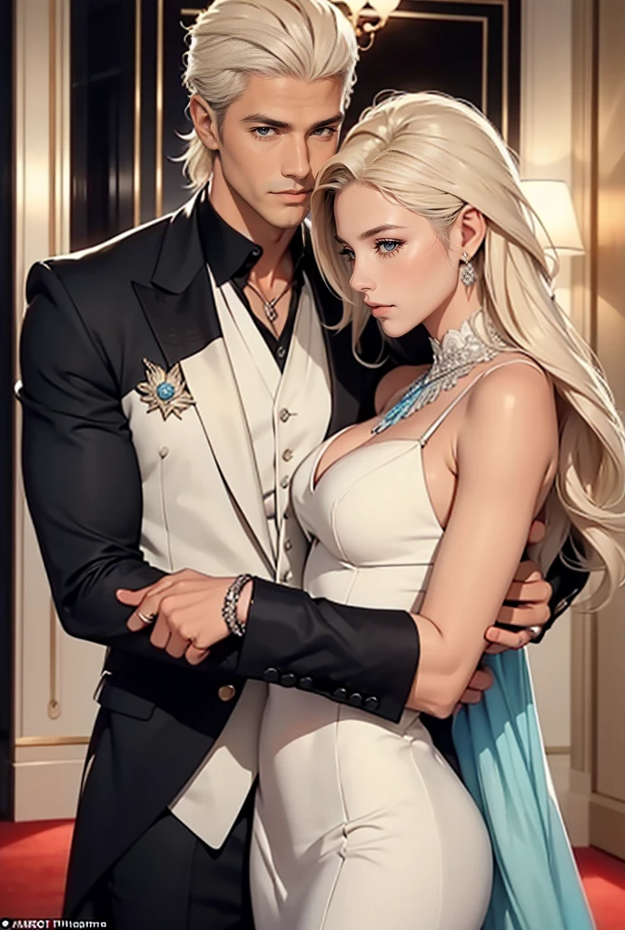 A tall, handsome, statuesque, masculine, adult man is a platinum blonde with long platinum hair, he has blue eyes, tanned skin, he is dressed in a suit in the style of the 40s, he hugs an incredibly beautiful young blonde femme fatale dressed in an exquisite dress in the style of the 40s. Style icons, celebrities, the elite. on the red carpet. They pose beautifully for photographers. They're in love.