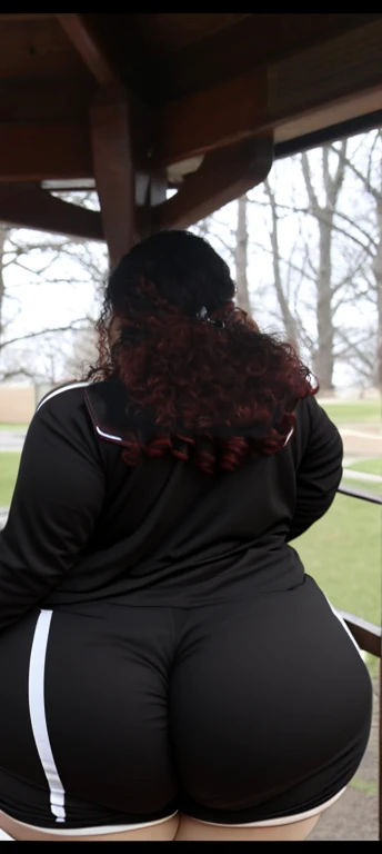 there are two people standing under a shelter talking to each other, photo still of behind view, shot from the back, view from the back, seen from the back, back of the hair, from the back, wearing a black hoodie, with curly red hair, facing away from camera, long dark curly hair, over the shoulder view, in a black hoodie, beautiful girl, big ass, huge ass, bbw, from behind, thick, thick thighs, wide hips, bbw, big , sideboob, giant ass, back view, big butt, round butt, tight underwear, underwear halfway off, underwear taking off, grabbing ass, ass spilling over underwear, too thick for clothes, looking left, leftwards, latina, from behind, tall girl