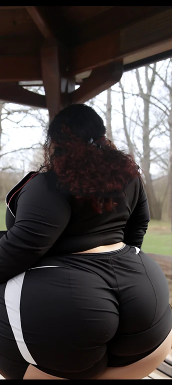 there are two people standing under a shelter talking to each other, photo still of behind view, shot from the back, view from the back, seen from the back, back of the hair, from the back, wearing a black hoodie, with curly red hair, facing away from camera, long dark curly hair, over the shoulder view, in a black hoodie, beautiful girl, big ass, huge ass, bbw, from behind, thick, thick thighs, wide hips, bbw, big , sideboob, giant ass, back view, big butt, round butt, tight underwear, underwear halfway off, underwear taking off, grabbing ass, ass spilling over underwear, too thick for clothes, looking left, leftwards, latina, from behind, tall girl