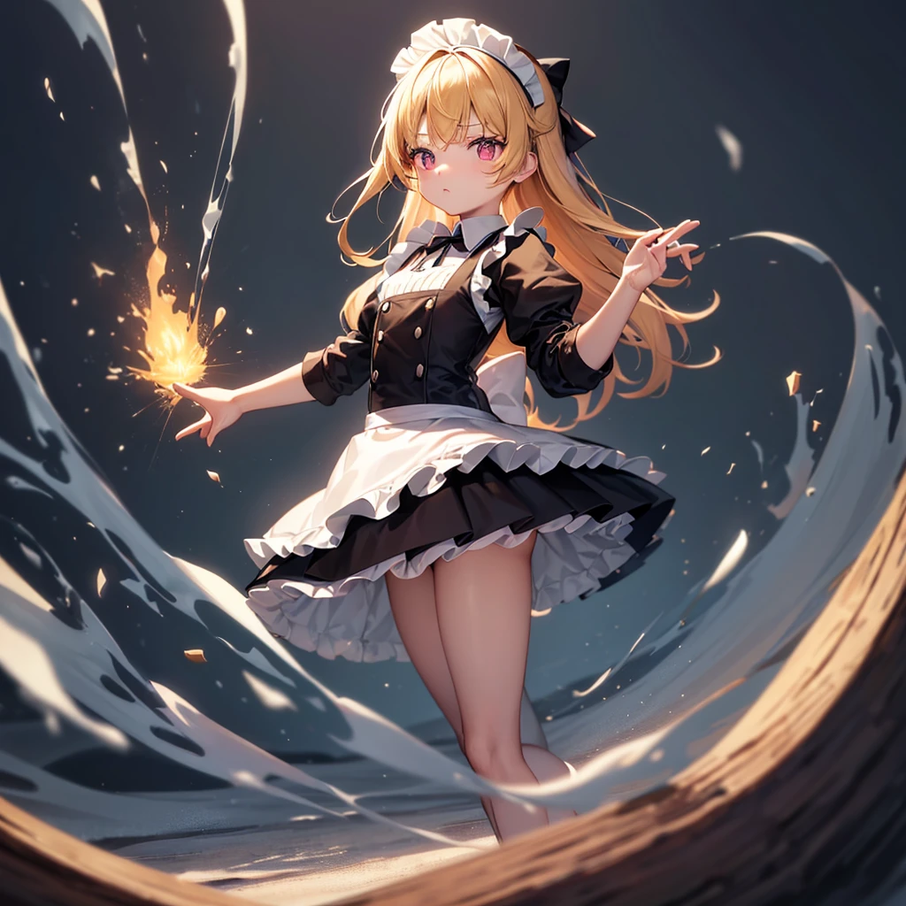 ((Maid)),((白いMaid服)),(White apron),Cute little ,Tiny ,Small girl,,Childish face, Very fine clean face,Top quality, Big eyes,Straight Hair,Yellow hair,Crimson Eye,(Dark Room), Subtle light, Natural breeze,Soft lighting,Light from directly behind, (Are standing), Cute pose, (Open your hands), Showing the whole body,Front view,Black background