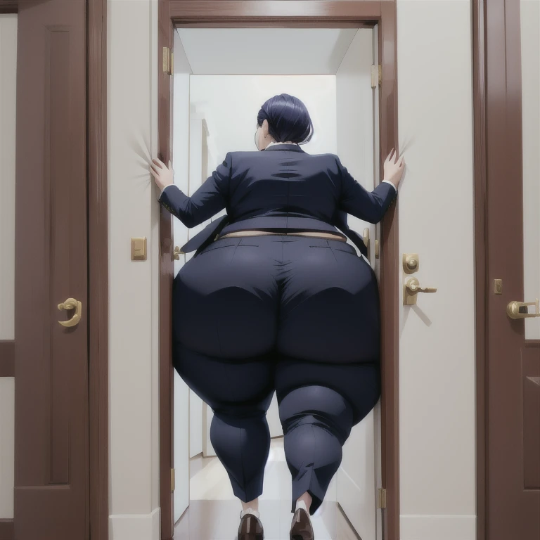 masterpiece, 1girl behind a doorway, from front, (doorstuck, stuckfront:1.3), huge hips, round belly, thick thighs, colorful clothing, wearing suit and tie and formal pants, upset, desperately trying to wiggle through, she kicks her legs, view from behind