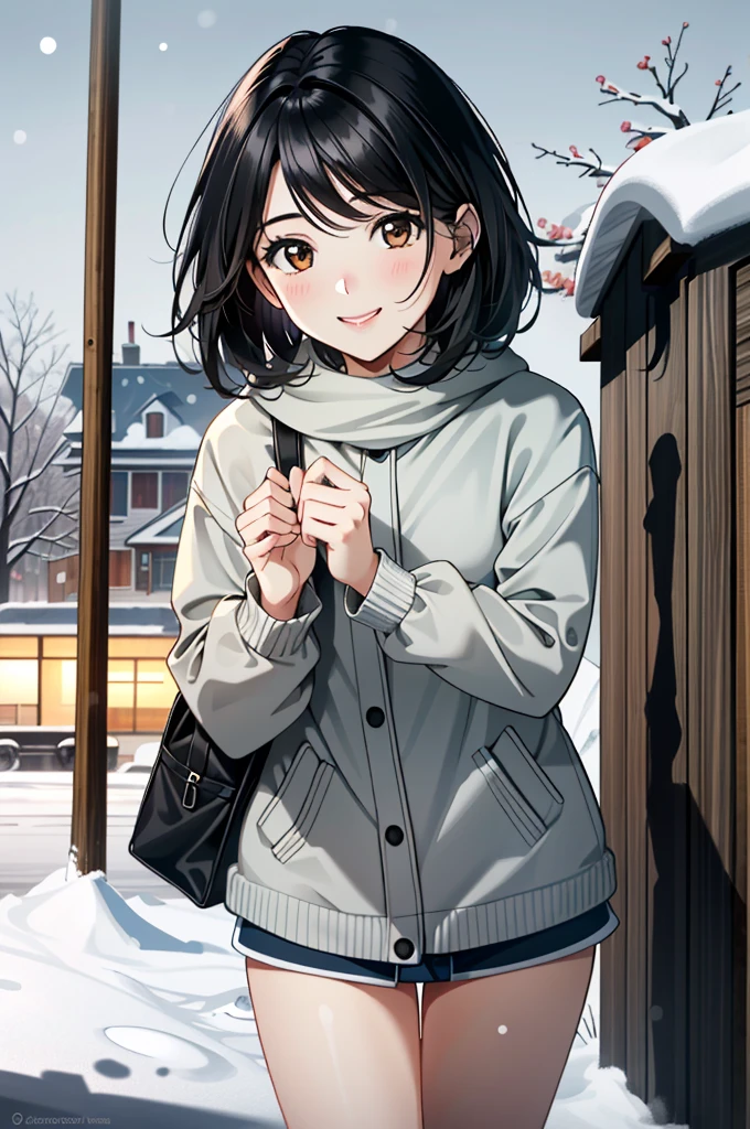 ((ultra detailed, masterpiece, absurdres))
 UDEmily, 1girl, solo, black hair, brown eyes, short hair, in a winter wonderland, cowboy shot, winter clothing, smile