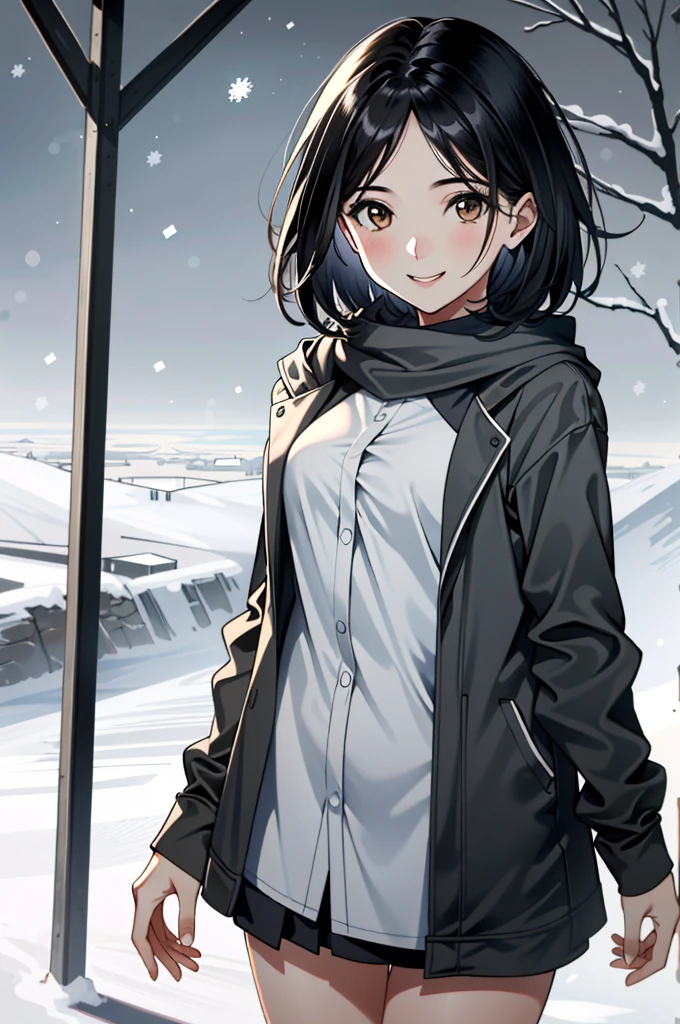 ((ultra detailed, masterpiece, absurdres))
 UDEmily, 1girl, solo, black hair, brown eyes, short hair, in a winter wonderland, cowboy shot, winter clothing, smile