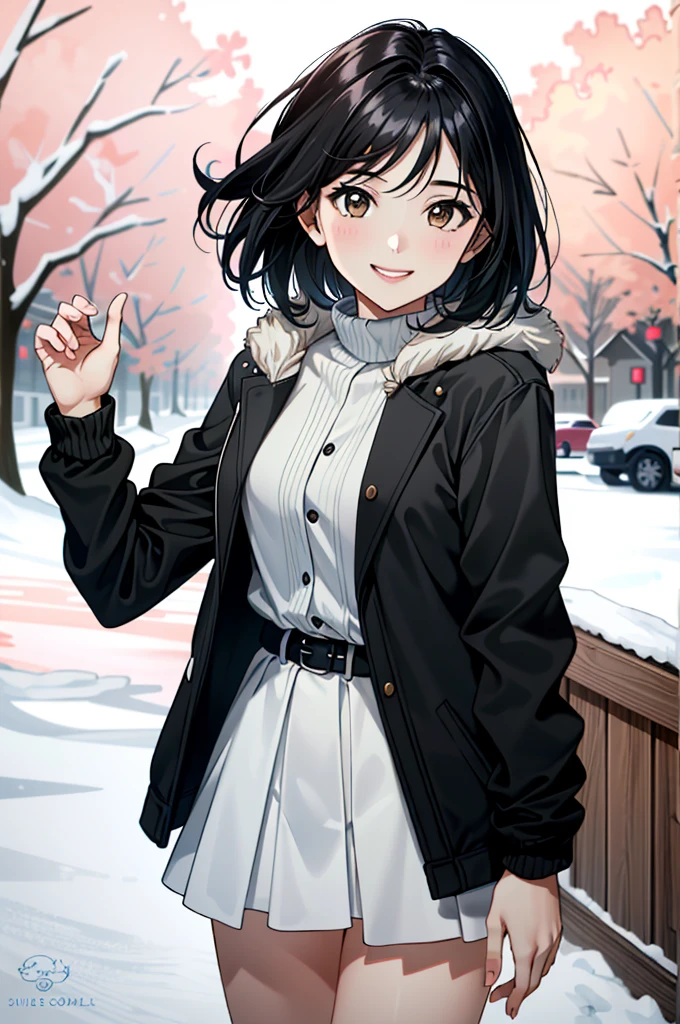 ((ultra detailed, masterpiece, absurdres))
 UDEmily, 1girl, solo, black hair, brown eyes, short hair, in a winter wonderland, cowboy shot, winter clothing, smile