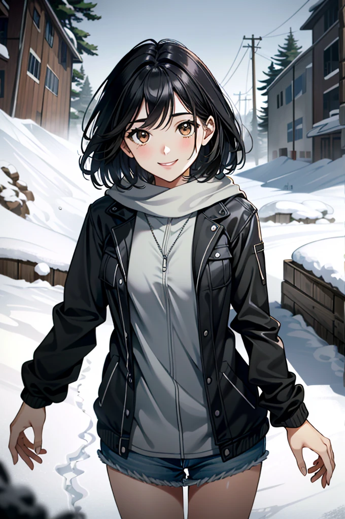 ((ultra detailed, masterpiece, absurdres))
 UDEmily, 1girl, solo, black hair, brown eyes, short hair, in a winter wonderland, cowboy shot, winter clothing, smile