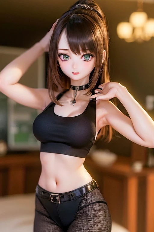(SFW:2), photorealistic, realistic photo, ((highest quality)), ((masterpiece)), (extremely detailed), kukolnydom, doll, (mature woman, 22yo, 22 years old:1.6), solo, ((cowboy shot, dynamic pose)), (skinny, slender, slim, parted lips), green eyes, brown hair, (looking at another, gradient eyes, shining eyes, detailed eyes, detailed face:1.3), tank top, hot pants, choker, room, 8k