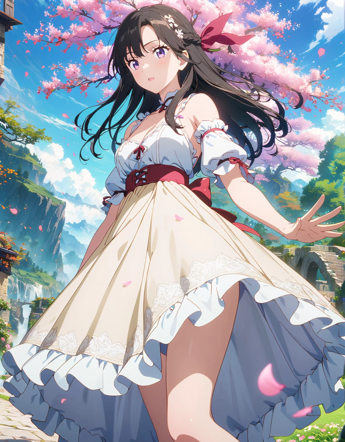 Very delicate and beautiful,非常にdetailed,CG,Unity,8k wallpaper,wonderful,detailed,masterpiece,The best quality in the best condition,Official Art,非常にdetailed CG 8k Unbelievably ridiculous resolution,Beautiful and exquisite,High resolution,非常にdetailedな目と顔, Anime girl in a dress standing under a flowering tree, Beautiful fantasy anime, Anime Art Wallpapers 8K, Anime Style 4k, anime art wallpaper 4k, anime art wallpaper 4k, sakura petals around her, artstation pixivでトレンド, 4k anime wallpaper, Beautiful Anime, anime wallpaper 4k, anime wallpaper 4k