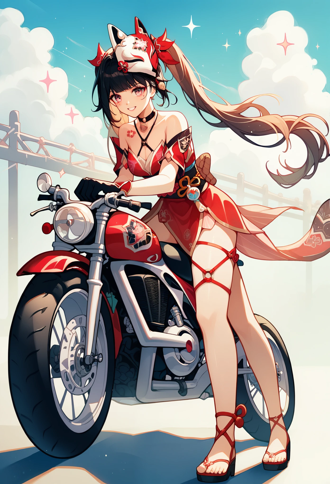 score_9, score_8_up, score_7_up, absurdres, 1girl, sparkle, mask on head, choker, single glove, bracelet, thigh strap, riding superbike, yamaha, sportbike, motorcycle