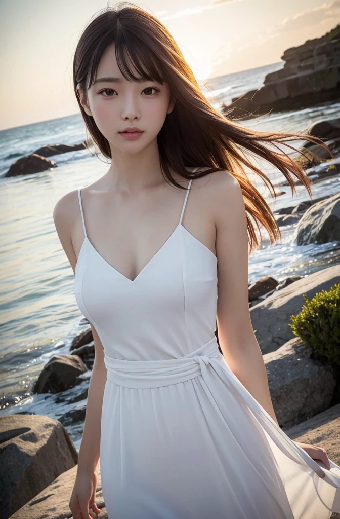 [top-quality,high-detail,An ultra-high picture quality,Raw photo],[I&#39;m on the white sand beach:1.2,summer daytime sandy beach:1.2,blue open sky,blue sea,The horizon is visible],(((japan a person,１a person,Beautuful Women,Super beautiful a person,Staring at a person who is staring,double eyelid,bright expression,smil,Moist eyes,shiny lips,Small face,Thin facial contours))),(((dark red hair,Straight hair,Longhaire,Hair fluttering in the wind))),((slenderbody,round and well-shaped chest)),(((White long dress,neat long dress,The hem of the dress is fluttering in the wind)))