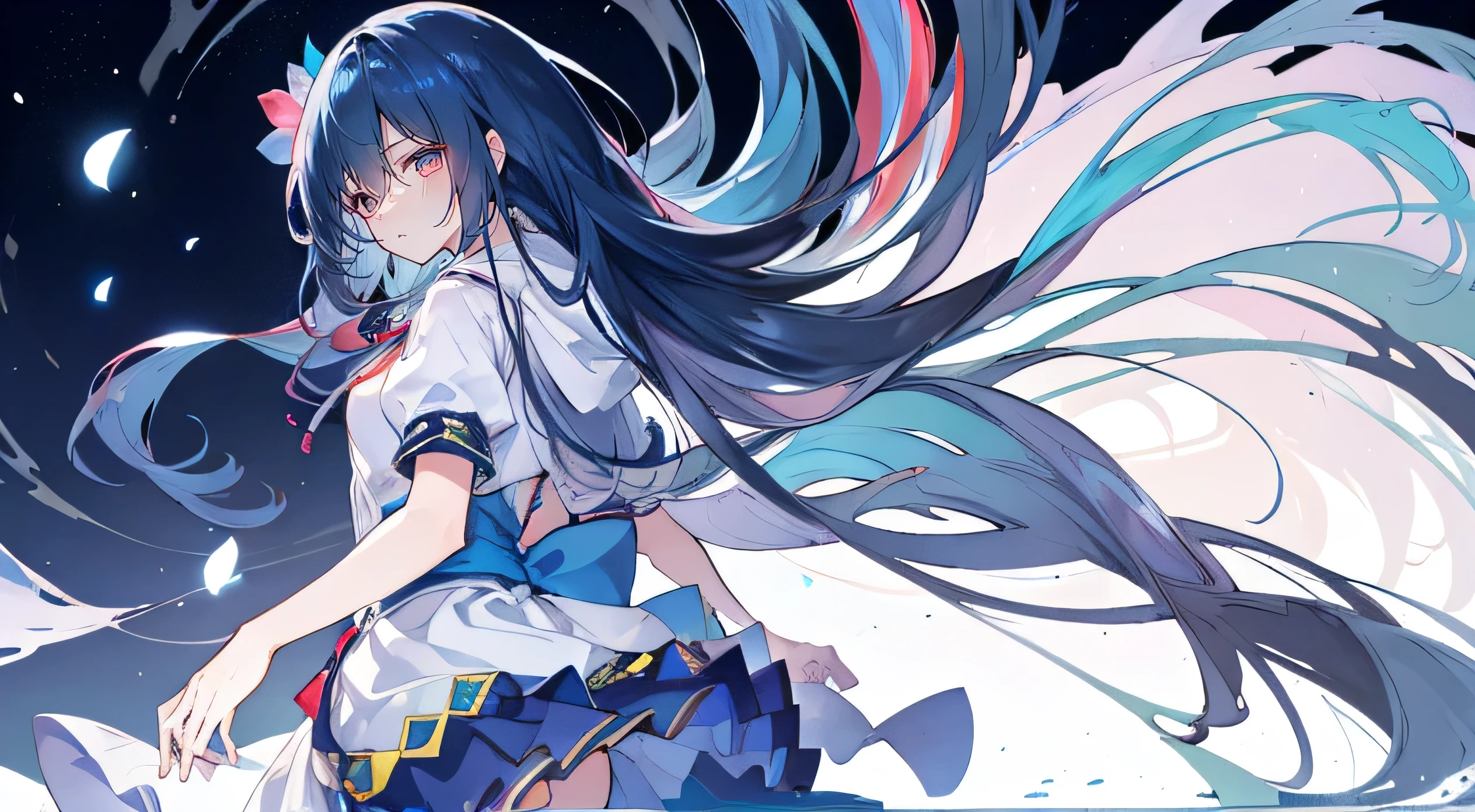(masterpiece:1.2),Super detailed,lifelike,Expressive eyes,fair skin,perfect face shape,1 girl,
Japanese comics,Gorgeous blue hair,flowing blue hair,flowing clothes,Petals fall,beautiful lola,Baby Angel,
Shaking head with one hand,Cross your legs,Gentle and peaceful background,The pavilion is cool and comfortable,smile, wearing hoodie, background of tokyo,back views,snowing, winter,lie on the water. dark blue gradient hair,asymmetrical hair,((Hair is very thick 1.8,Chiseled hair 1.6)), Hair over the shoulders, Messy hair, Very long hair, shiny hair,(long dark blue hair:1.2),A beautiful girl,(Transparent clothes transparent 1.8),Perfect body,Big thin legs,slender,(Looks very sad,Looks haggard ,sadness,shut your mouth:1.2) Against the backdrop of an unusually bright dark starry sky,(Put your hands behind your back),(round,Room, Strong breasts),barefoot,float,water surface,(long legs,long legs,long legs,Complete)
