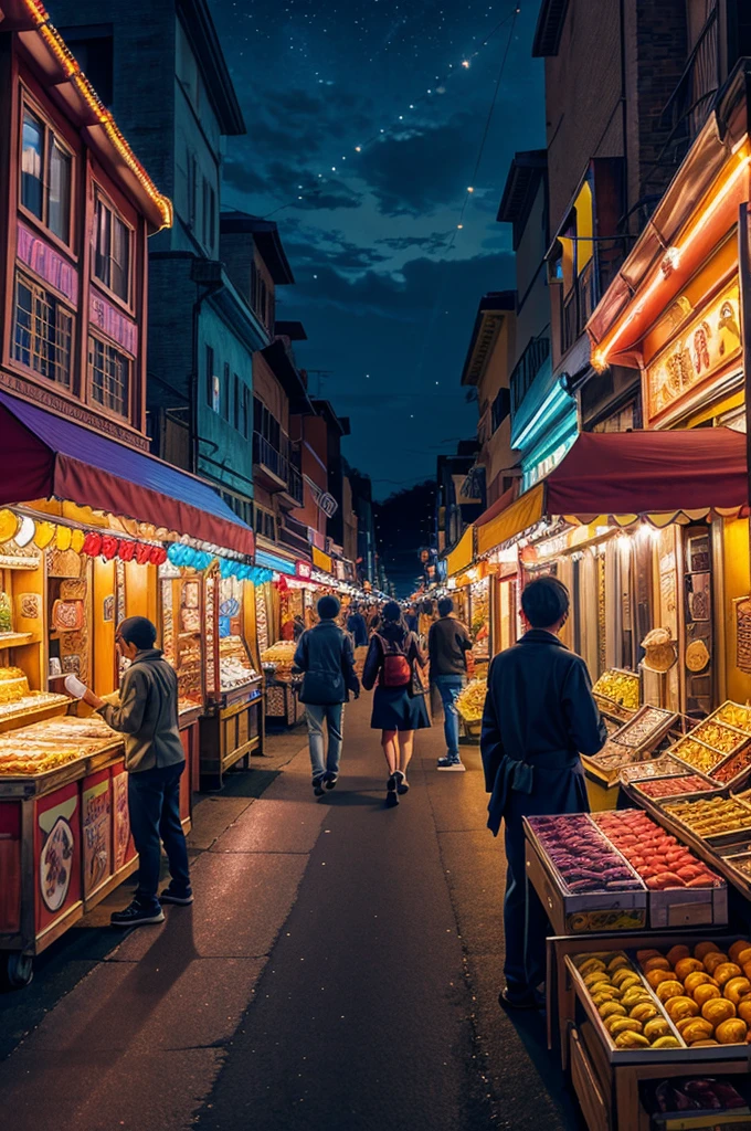 anime scenery, Establishing shot of a bustling, brightly lit nighttime street in a small town.
Vendors with colorful stalls selling various goods under glowing street lamps. colorful anime movie background