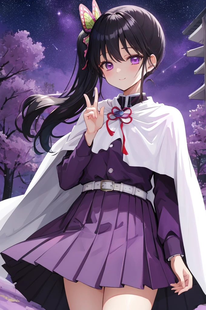 (masterpiece:1.3), (best quality:1.1), (8k, ultra detailed, ultra high res:1.2), ((anime style)), perfect 5 fingers, perfect anatomy, 
1girl,
Kanao Tsuyuri, 
BREAK long hair, side ponytail, 
black hair, 
purple eyes, (empty eyes:1.3), 
butterfly hair ornament, 
(medium breasts:0.9),  
BREAK (purple shirt, pleated purple skirt, long sleeve, white cape:1.2), 
smile, 
looking at viewer, 
cowboy shot, 
perfect light, 
waving, outdoors, forest, field, night, night sky, starry sky,