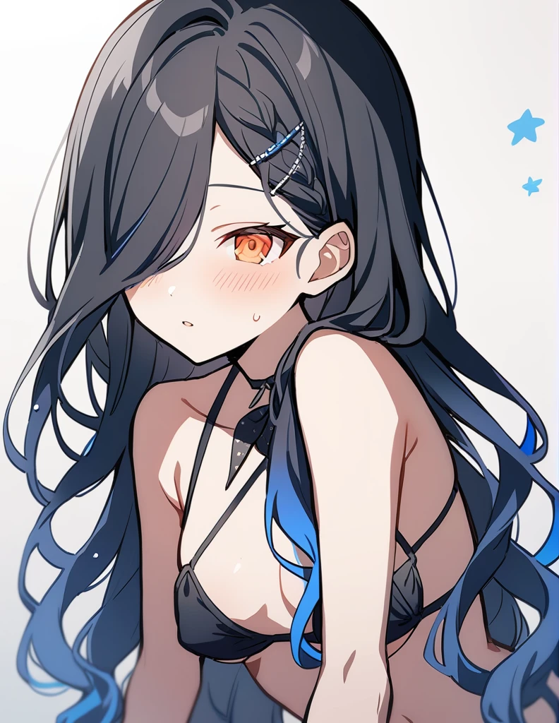 1girl, Shiraishi An \(Project Sekai\), Project sekai, very long hair, hair over eyes, black hair with blue tips, worn loose with little stars accesories,orange eyes, flirtatious look, embarased, lingerine, bikini, titties out, nsfw