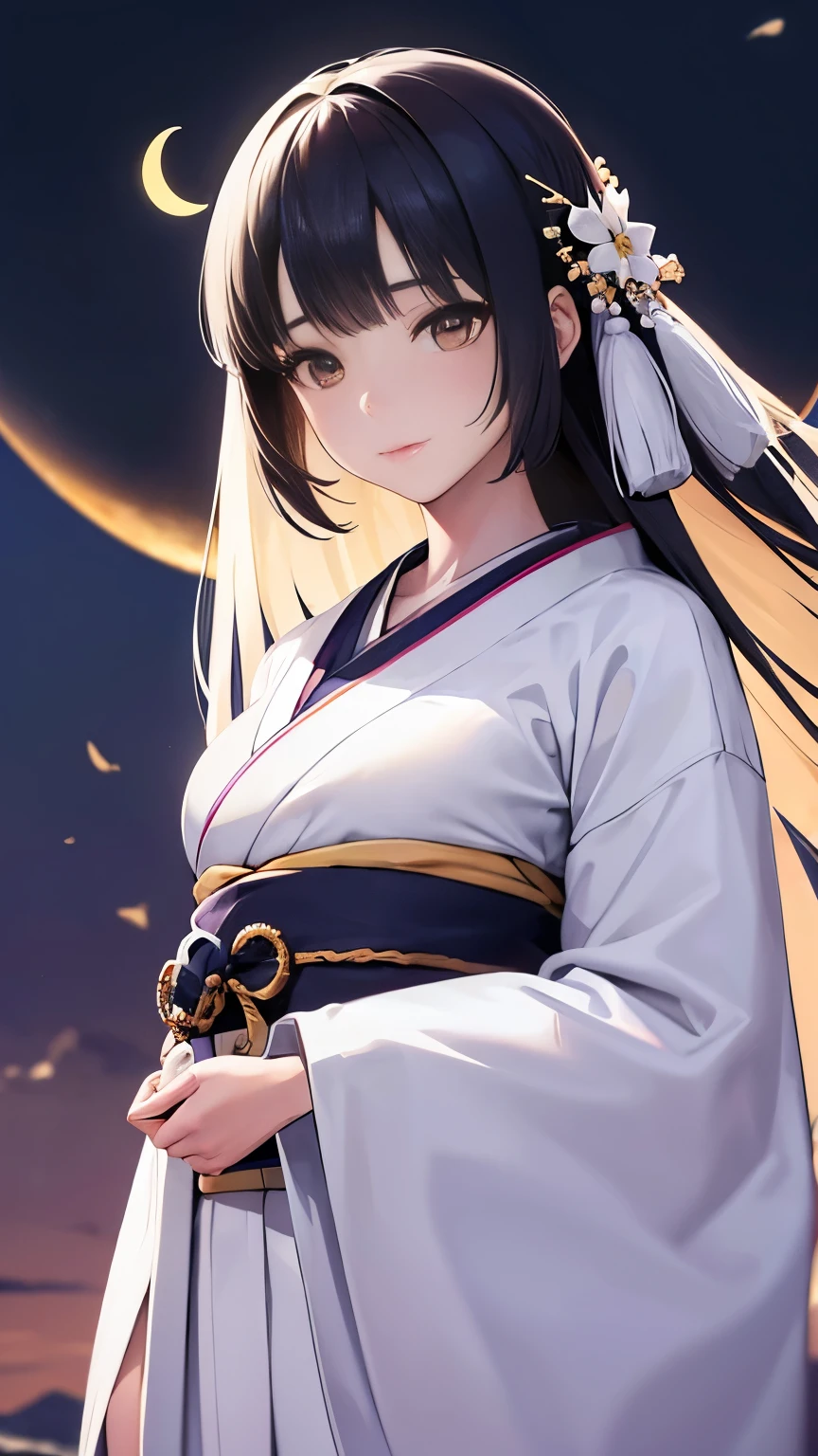 One girl, Beautiful Face, ((White eyes)), Kimono pose, Crescent moon in the background, performer, space, (Lightroom:1.13), Soft Light, (Natural skin texture:1.2), (Hyperrealism:1.2), Sharp focus, Concentration,[[Realistic]]