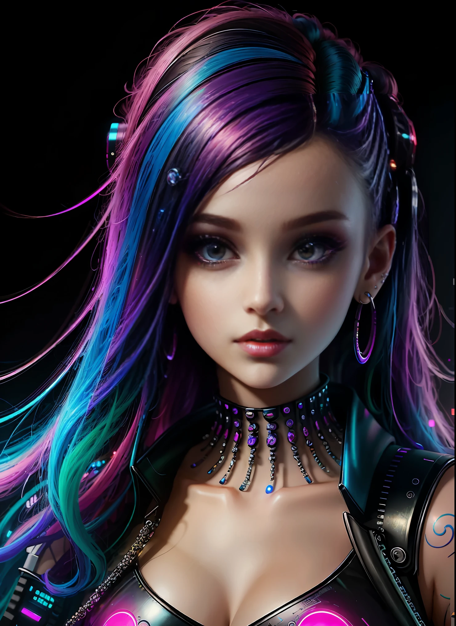 ((best quality)), ((masterpiece)), ((realisti)), (Detailed), (1 girl) Full body woman with colorful hair and piercings, Dreamy Cyberpunk Girl, Digital art in 4K with high detail, stunning digital illustration, Stunning 8K graphics, colorful digital fantasy art, colorful and dark, beautiful digital artwork, Colorful digital painting, cyberpunk digital anime art, Girl with glowing wave, Digital wallpaper art in 8K HD, beautiful digital painting