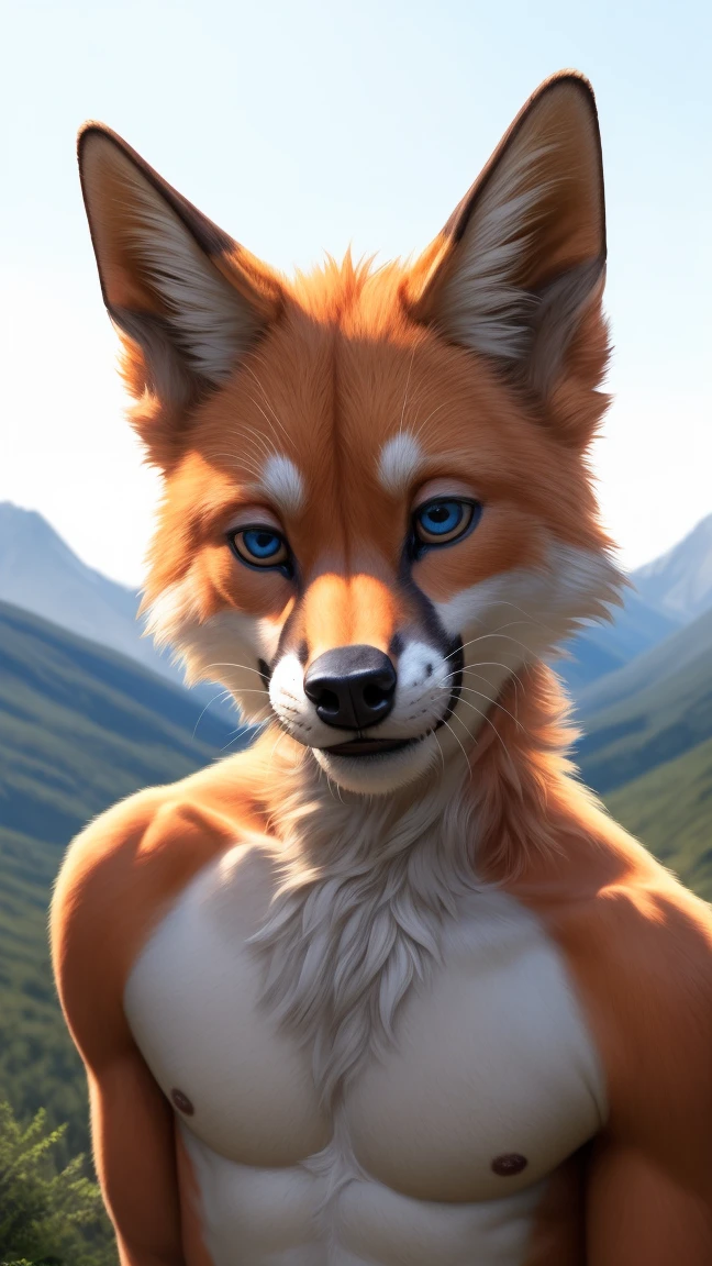 (best quality, 4k, highres, masterpiece:1.2), ultra-detailed, realistic:1.37,furry fox, gay young adult(18 years old), powerful erect penis, realistic background of mountains, beautiful and sensual eyes.