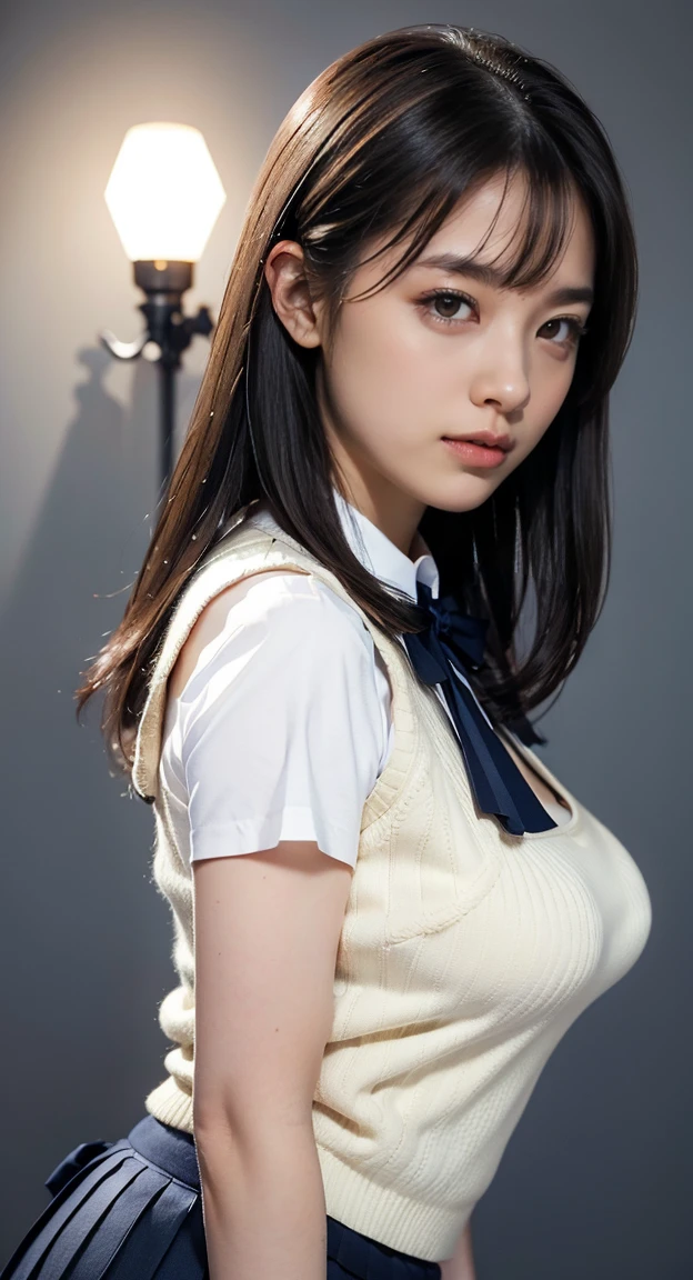(masterpiece:1.2, Highest quality), (Realistic, photoRealistic:1.4), Beautiful illustrations, (Natural Side Lighting, Cinema Lighting), Written boundary depth, Looking at the audience, Front view, 1 Girl, Asian, 15 years old, ((Bob Hair)), Perfect Face, Cute symmetrical face, Pale skin, Shiny skin, Asymmetrical bangs, Big eyes, Droopy eyess, Long eyelashes, thin, Beautiful Hair, Beautiful Face, Beautiful and beautiful eyes, Beautiful clavicle, Beautiful body, Beautiful breasts, Beautiful thighs, Beautiful legs, Beautiful fingers, ((High-quality fabric, brown knit vest, Short sleeve white collar shirt, Navy Pleated Skirt, Navy bow tie )), (vaginal Sex:1.5), (Beautiful views), evening, Droopy eyes, (Cum in pussy:1.5), Sex, erotic, Cum in pussy, Heterosexual, Mole, Mole under eye, (smile, Superior, Open your mouth)